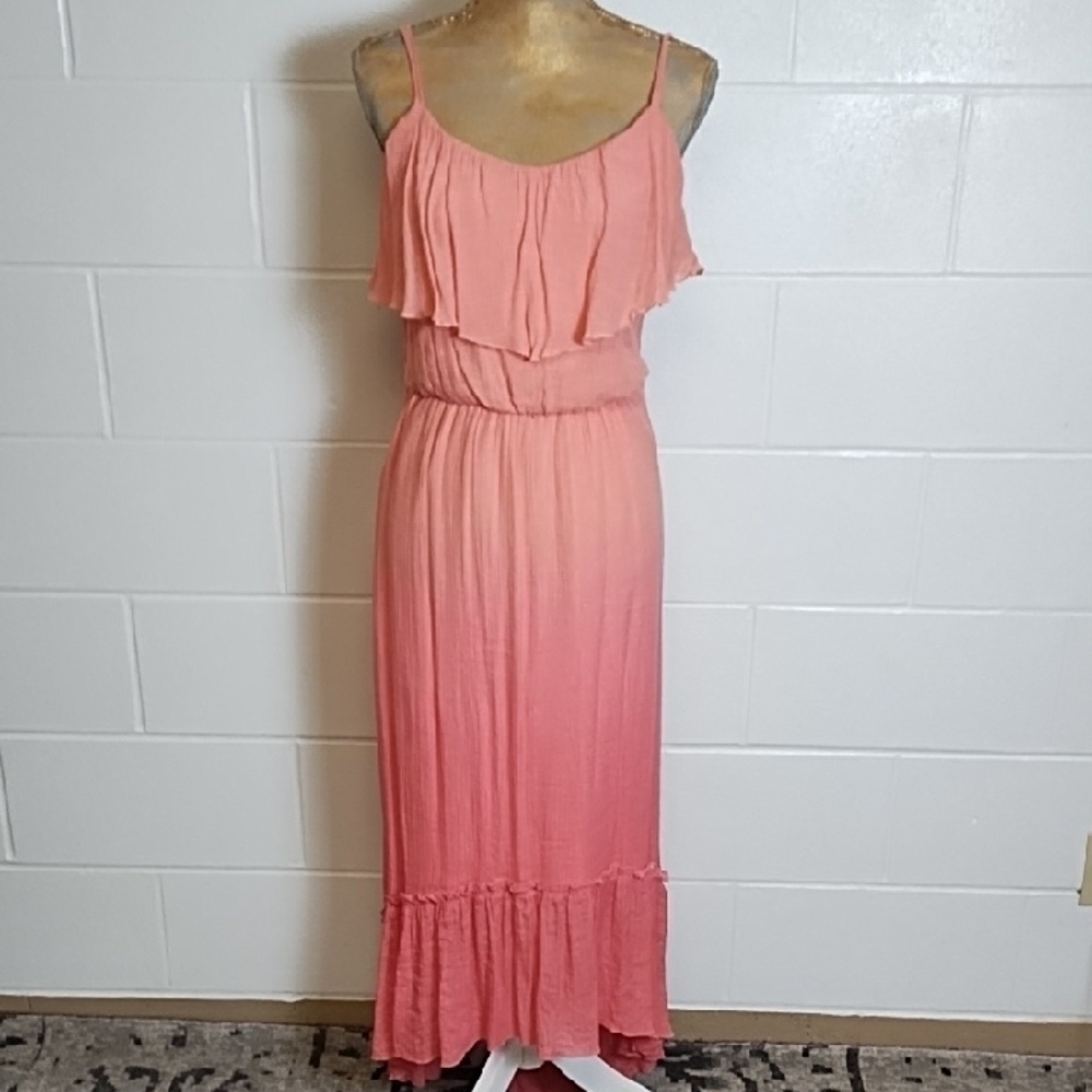 Gauzy Peach Ombre Tired Ruffle Maxi‎ Sun Dress for Effortless Elegance Lined